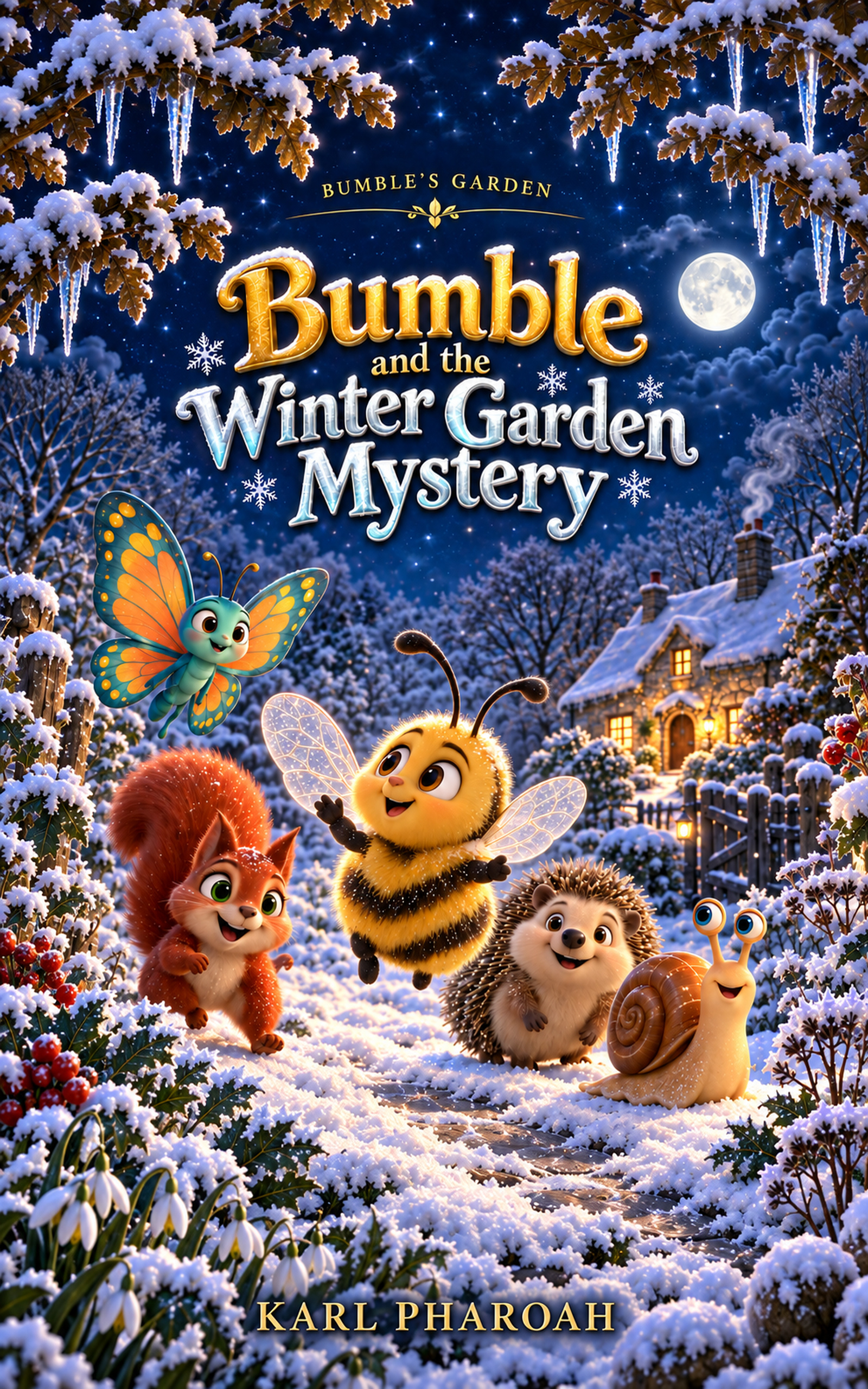 Bumble and the Winter Garden Mystery book cover — Bumble and his garden friends in the winter snow